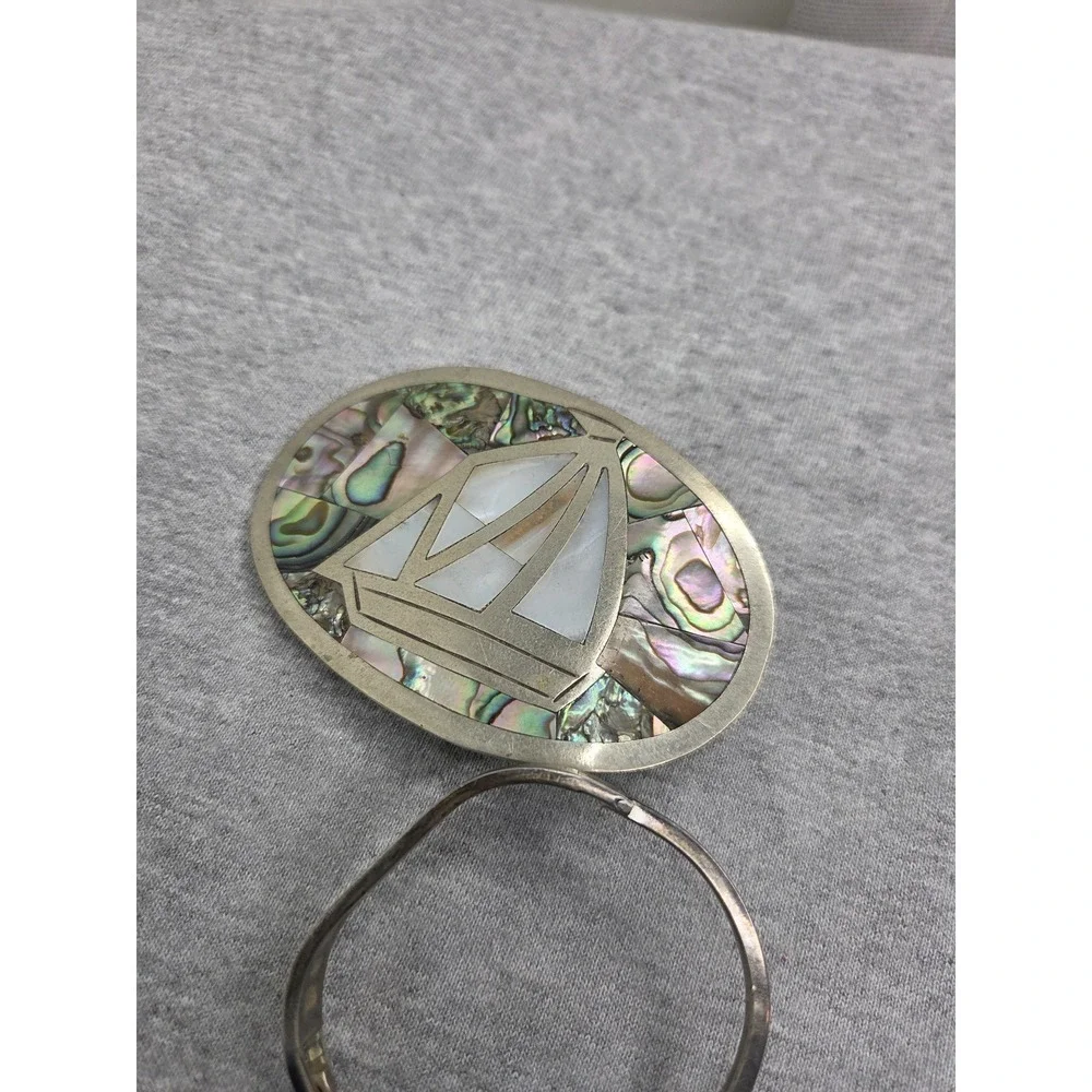 Vintage Large Alpaca Silver Belt Buckle Matching Bracelet Set Abalone Inlay